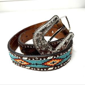 Ariat Southwest Brown Leather Western Cowgirl Bling Buckle Belt Beads